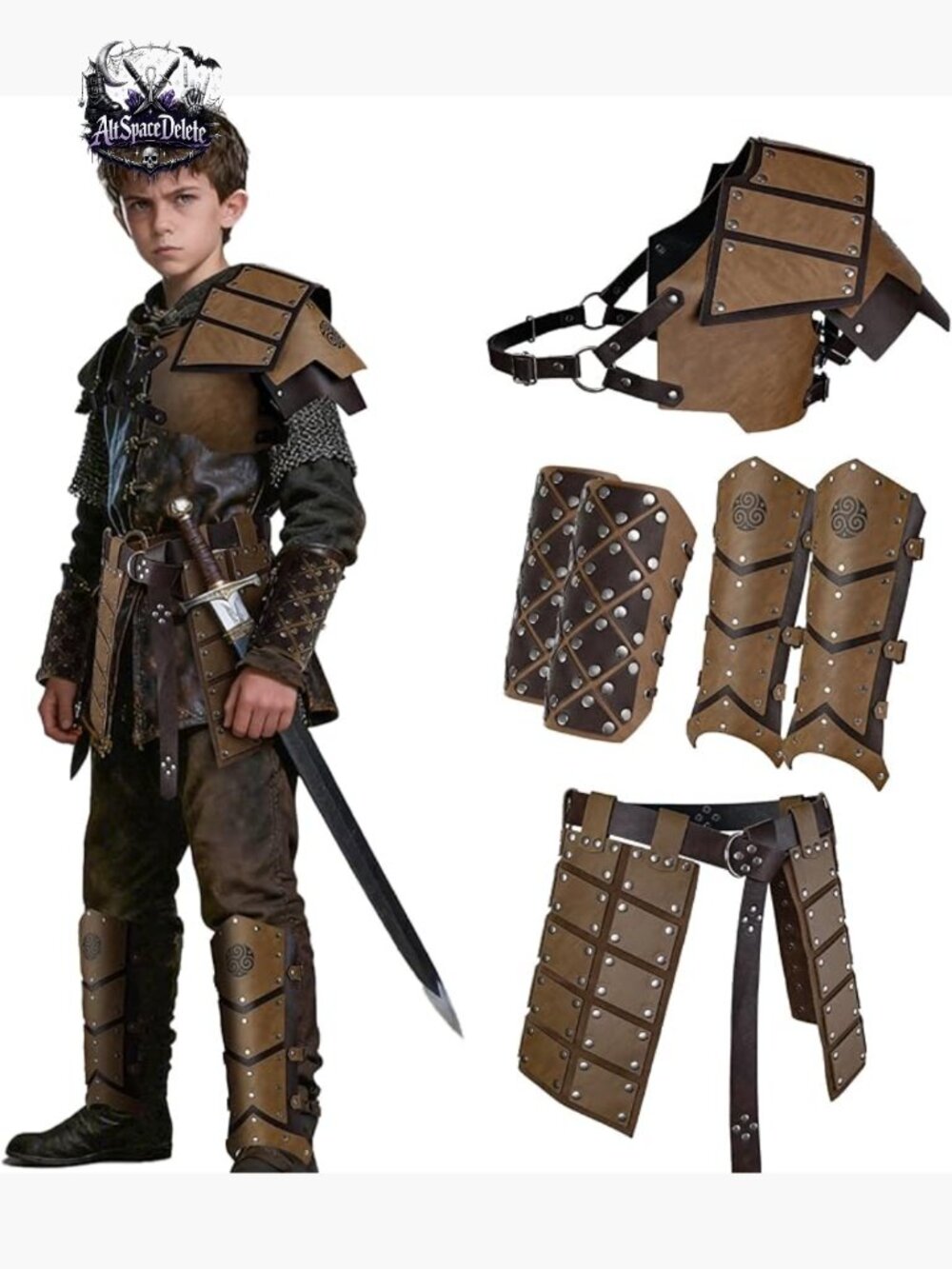 Kids Medieval Faux Leather Armor Set, Shoulder Bracers Leg Gaiters